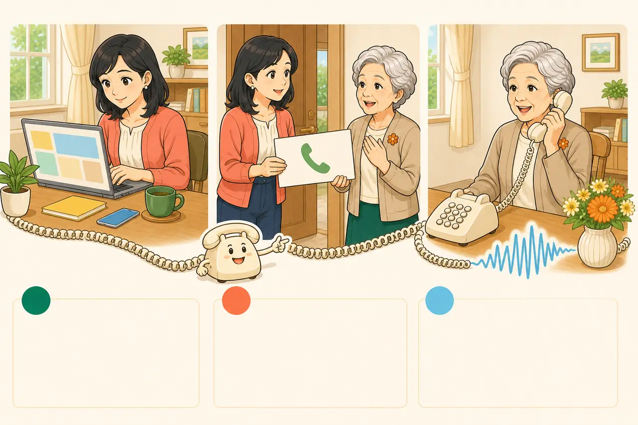 家族のWeb申込み、専用番号を母へ伝える、母が固定電話からかける3ステップ