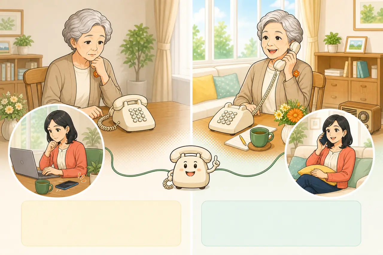 家族への電話を控える母と仕事中の娘、母が自分から固定電話で話し後で家族もゆっくり電話できる利用イメージ