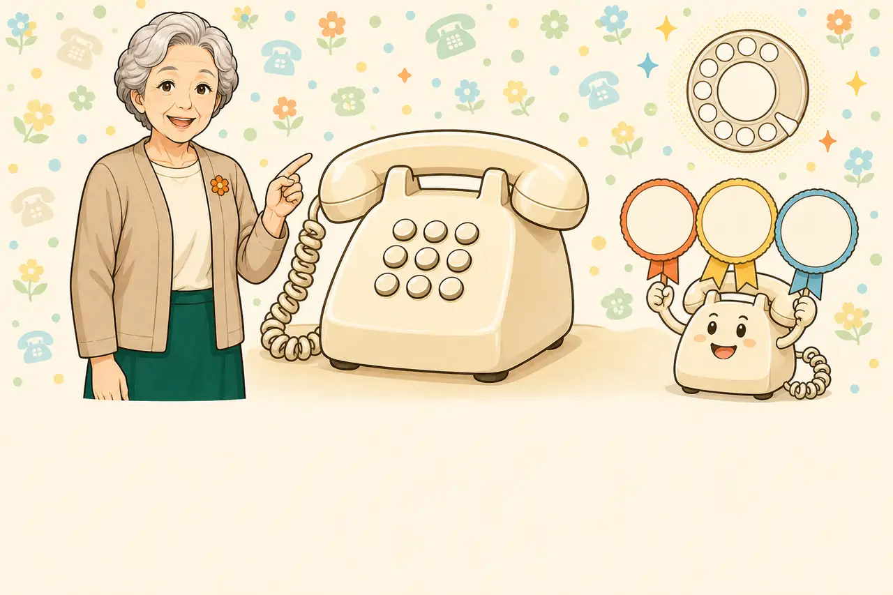 大きな固定電話を案内する母と、3つのメダルを持つでんわくん