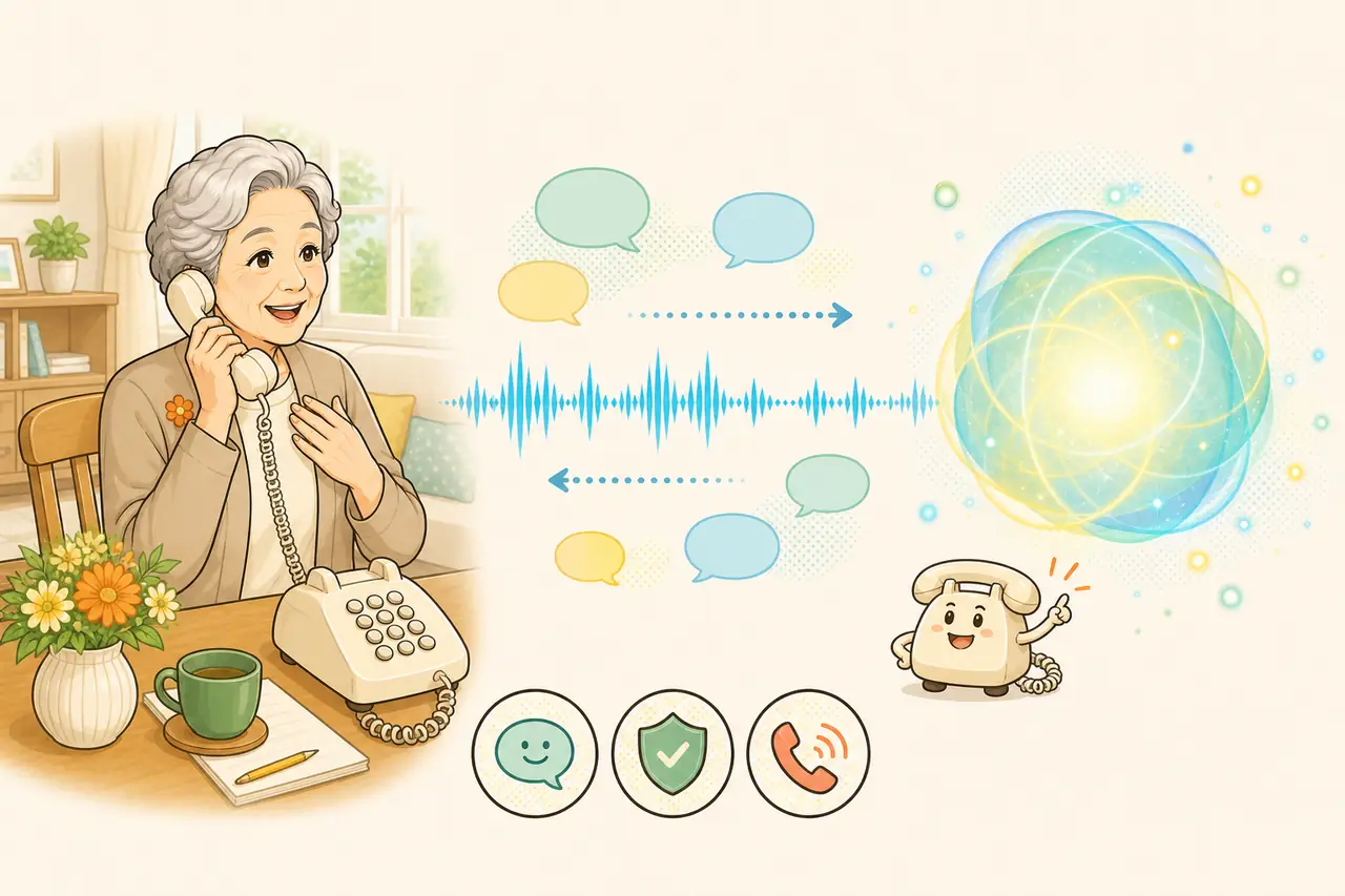 母の固定電話の声が音声波形を通り、抽象的な音声AIへ届いて声で返る流れ