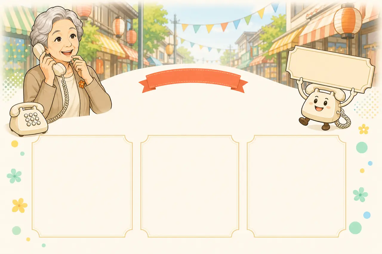 無料体験を案内する母と、切符型の札を持つでんわくん