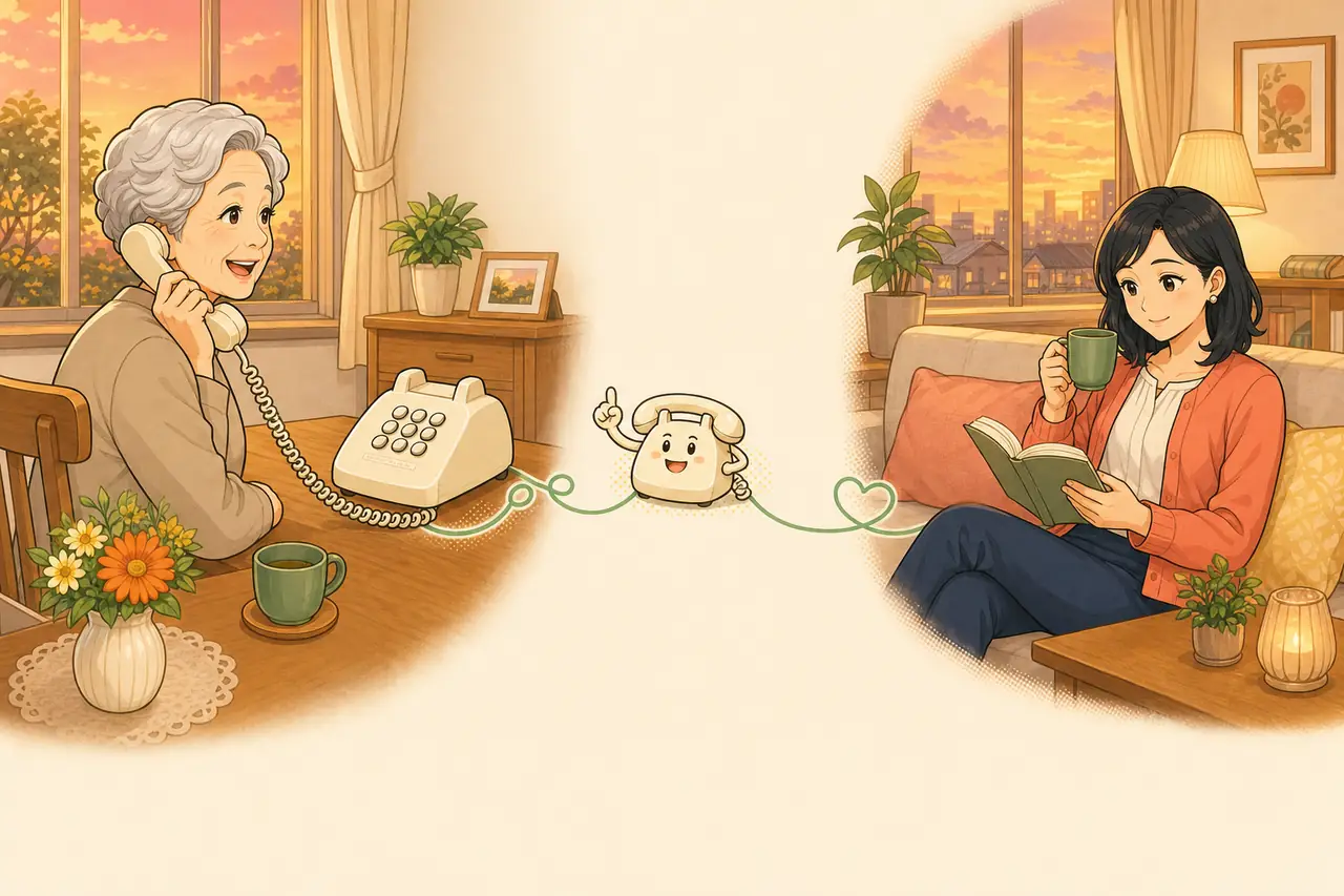 夕方の別々の家で、母は固定電話から会話AIへ話し、娘は自宅で落ち着いて過ごす様子