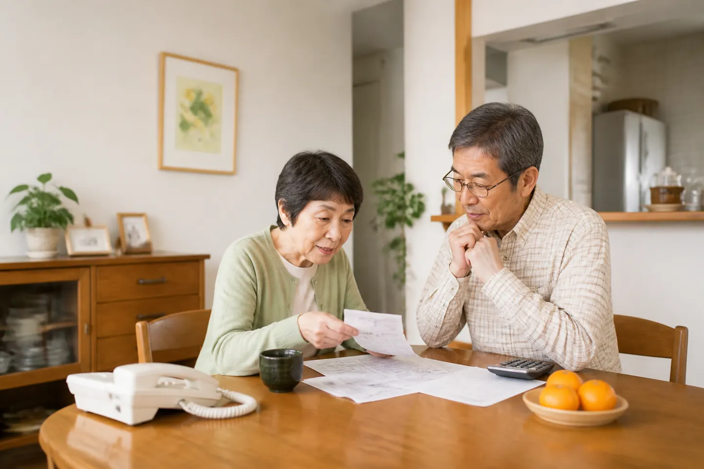 3つの料金案内と固定電話を置いた日本の食卓