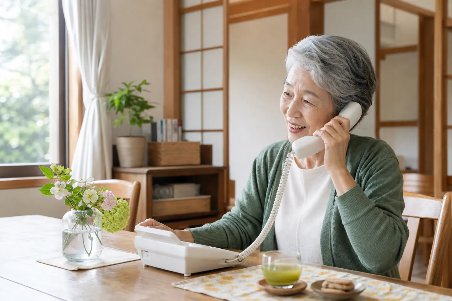 固定電話で今日の出来事を話す高齢女性