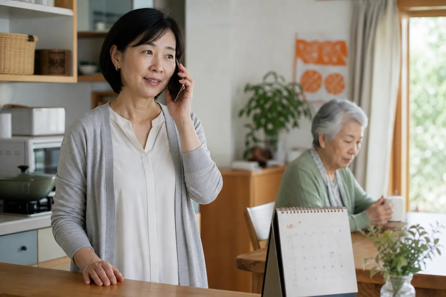 人の電話相談員とAI電話を象徴する二つの電話機に関連する生活場面