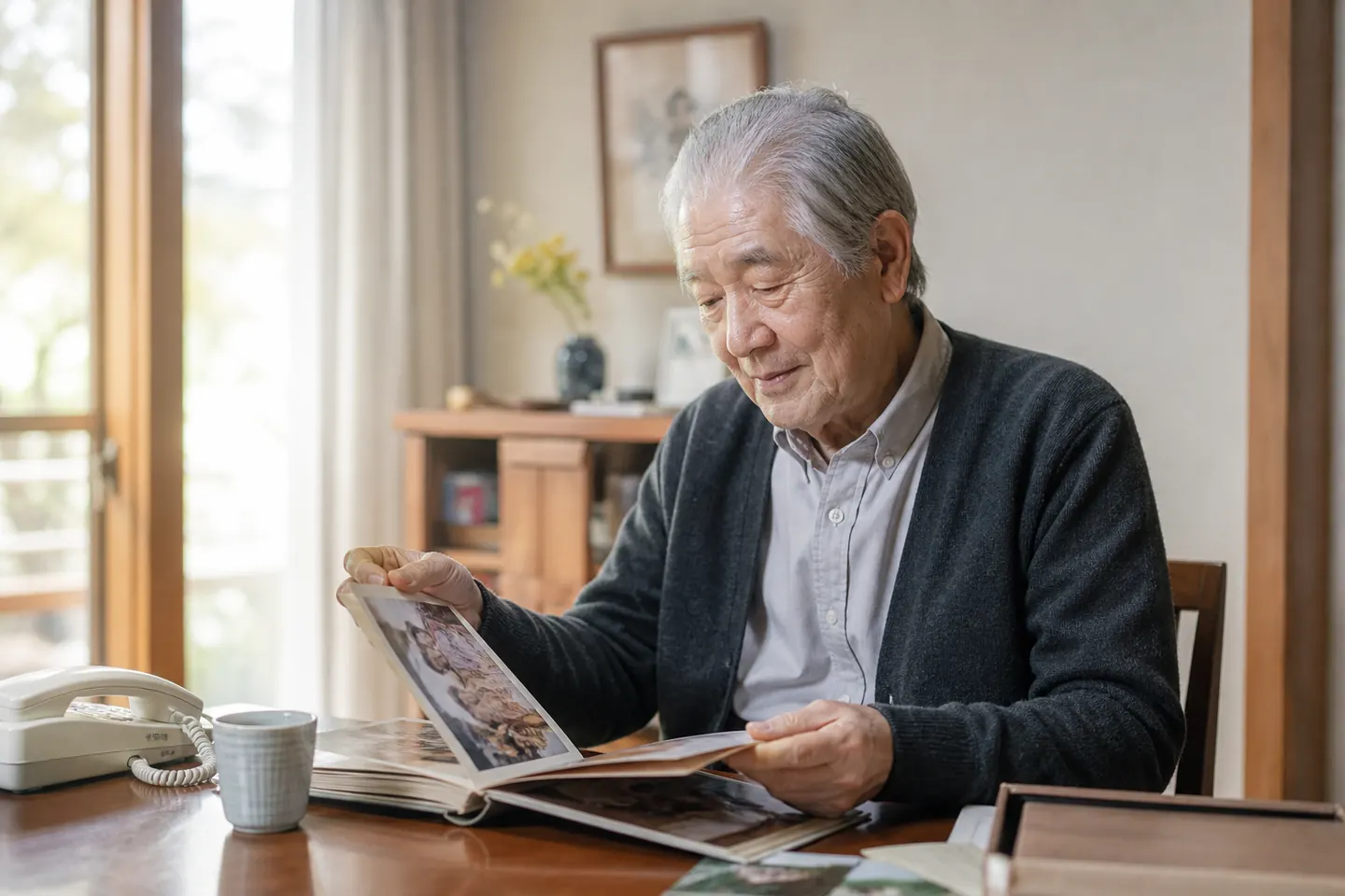 家族が話し相手サービスの資料を比較する様子
