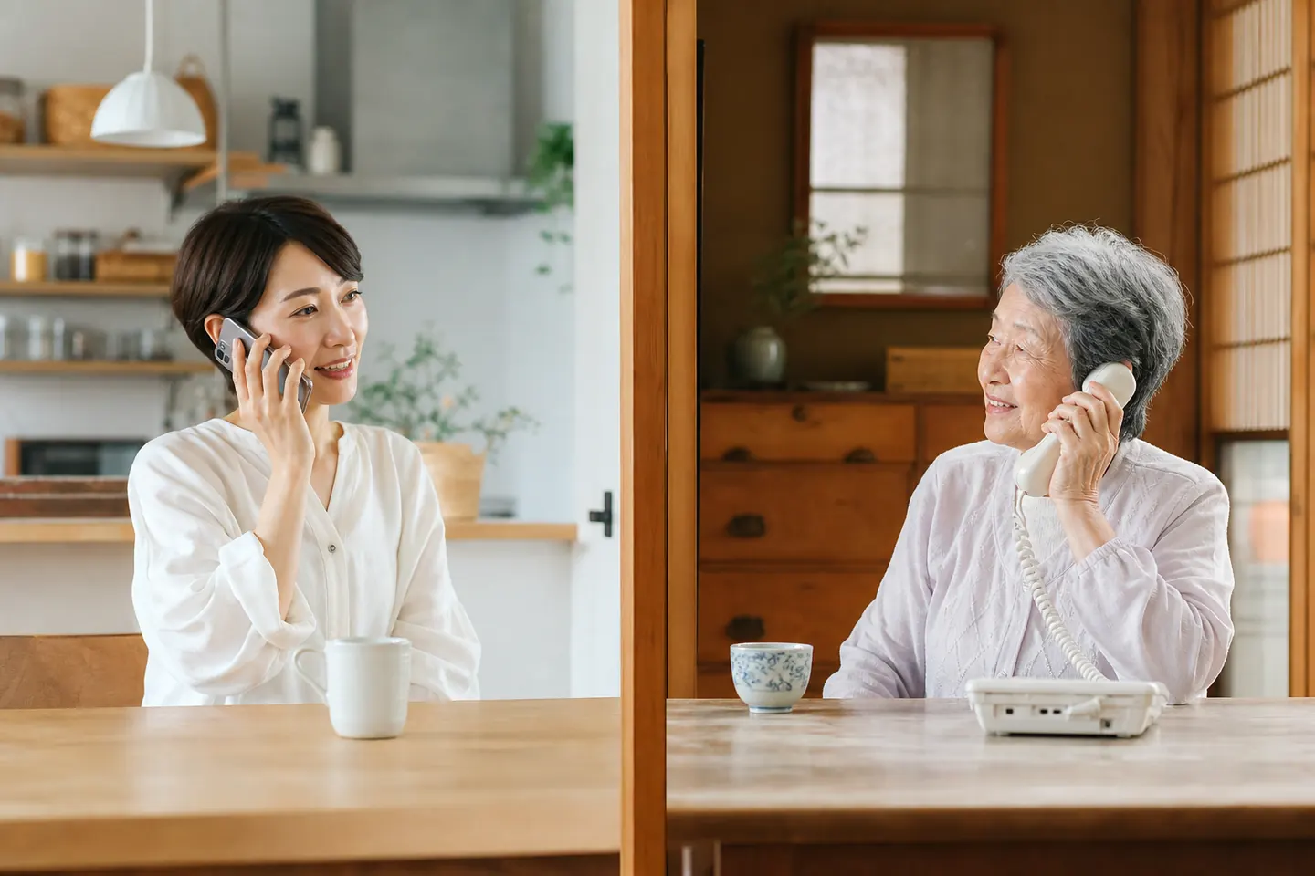 離れて暮らす親と電話で話す家族