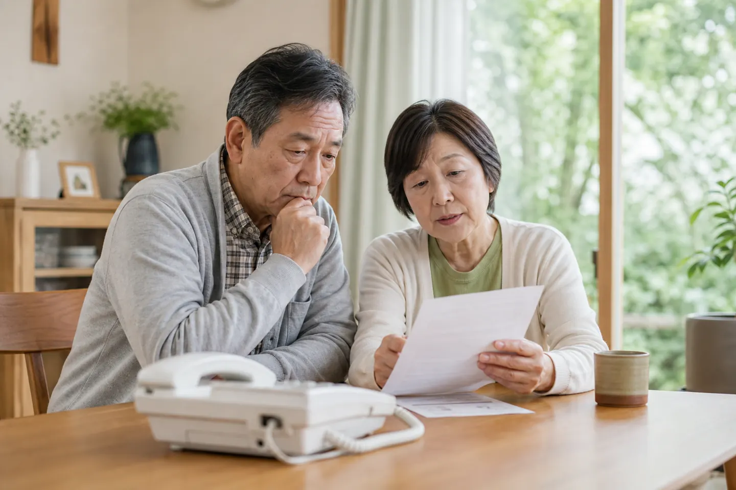 プライバシーポリシーと固定電話を確認する家族