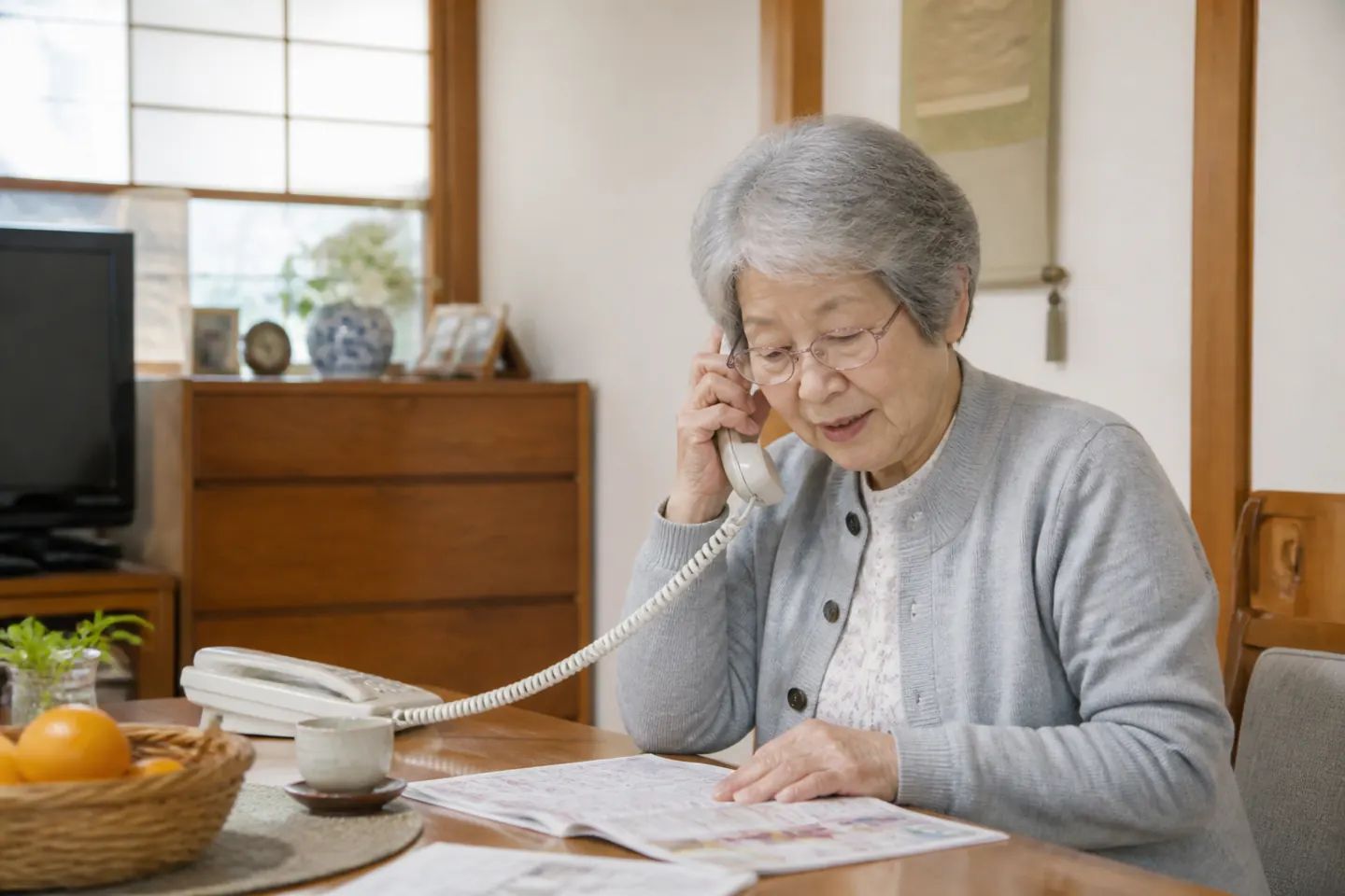 固定電話を使う80代の高齢者