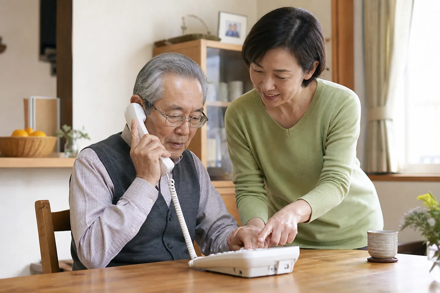 固定電話のそばで初回通話を支える家族
