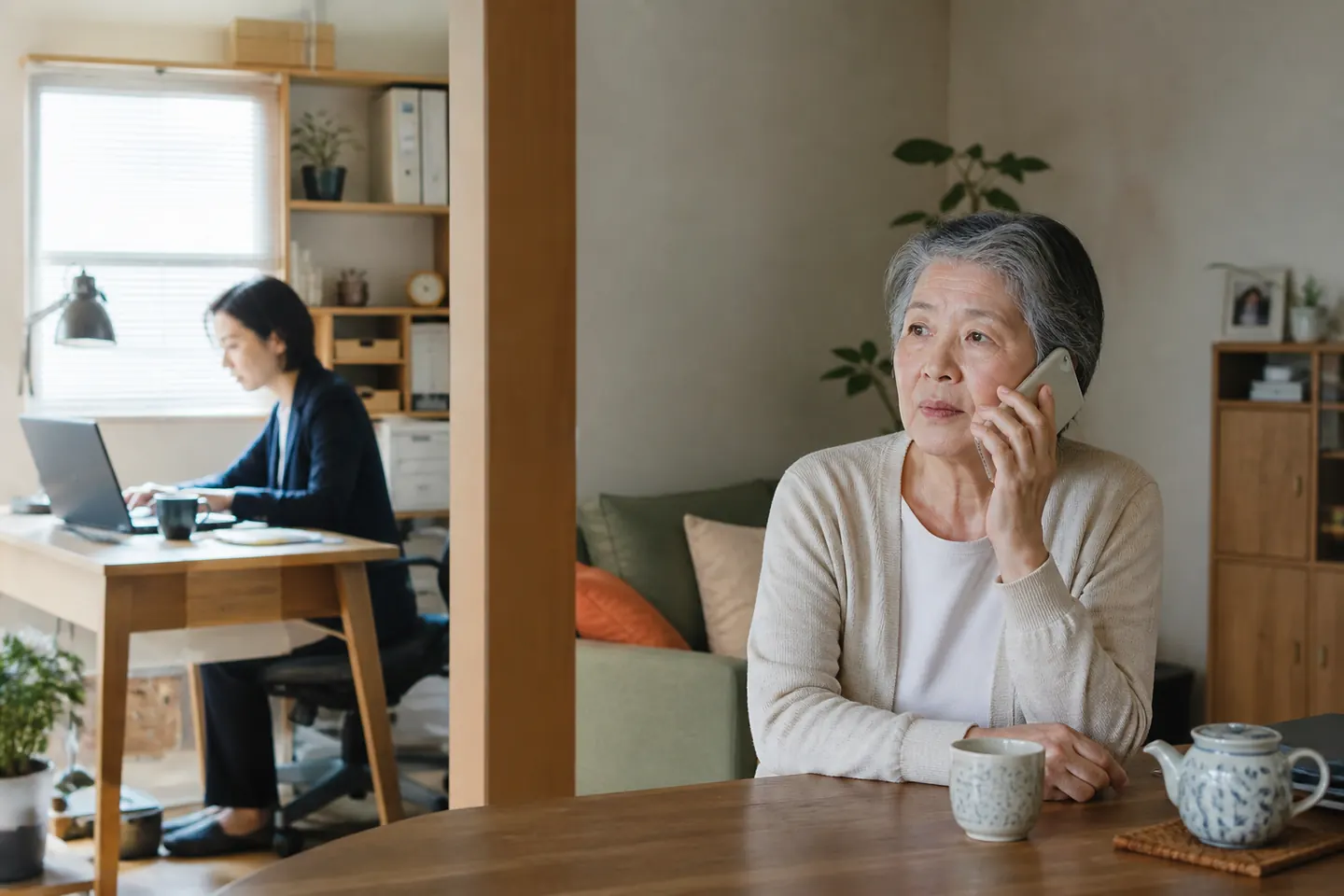 仕事中の家族と自宅で電話したい高齢の親を表す場面