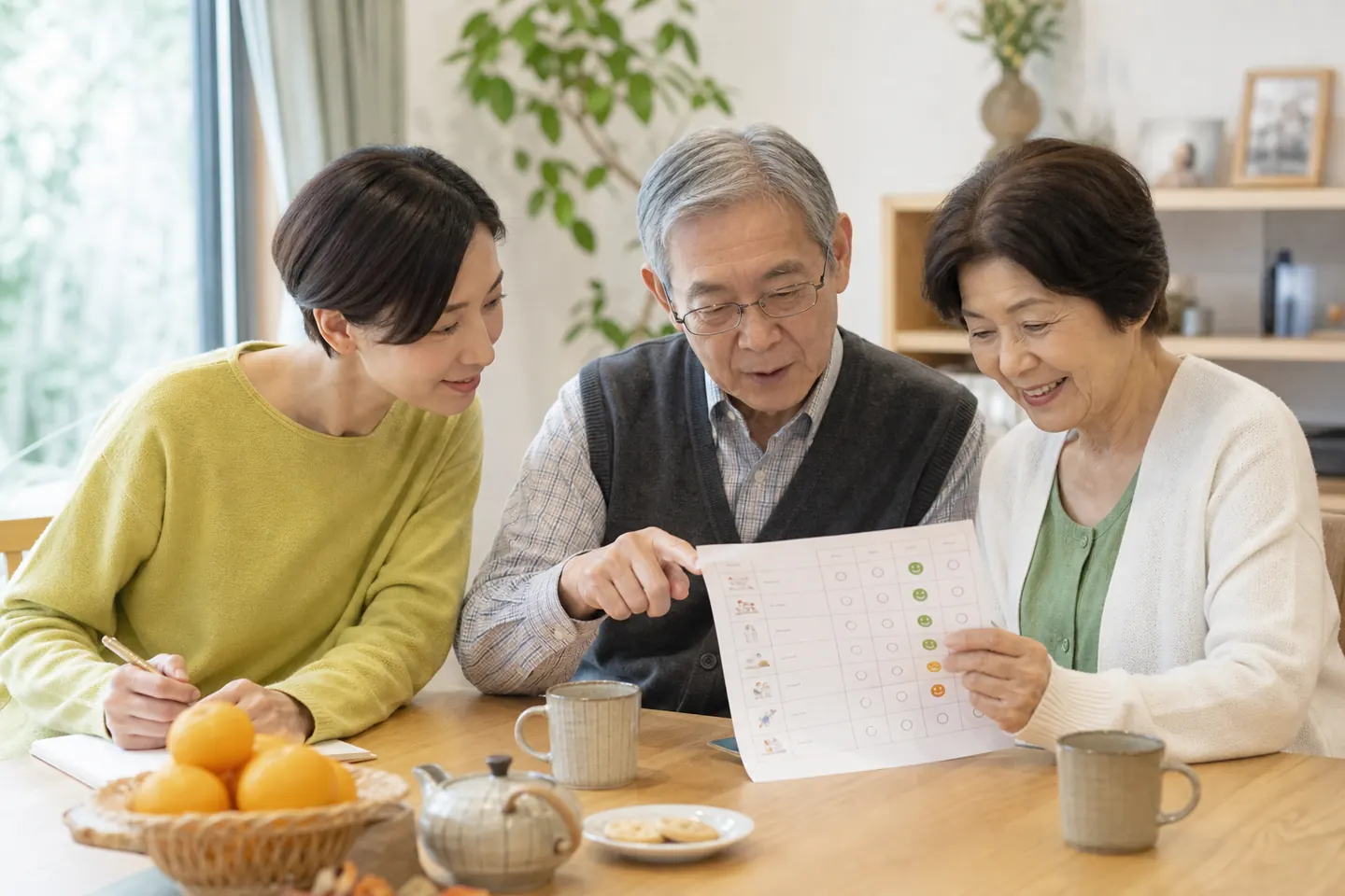 家族と高齢者が無料体験のチェック表を見る様子