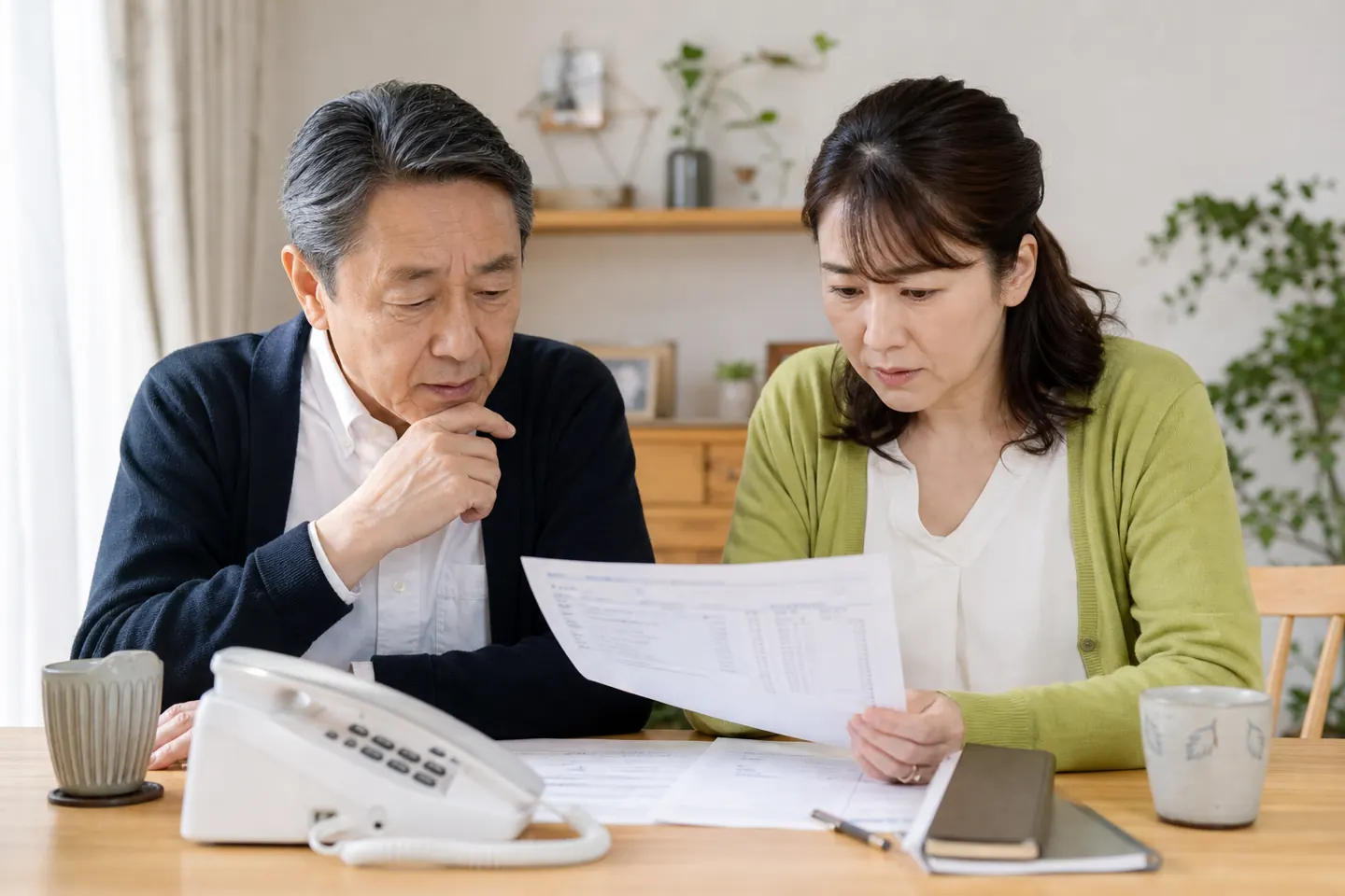 固定電話と電話料金明細を確認する家族