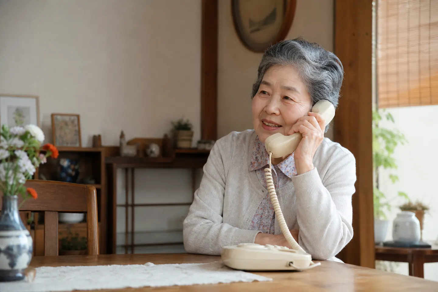 自宅の固定電話で穏やかに会話する高齢女性