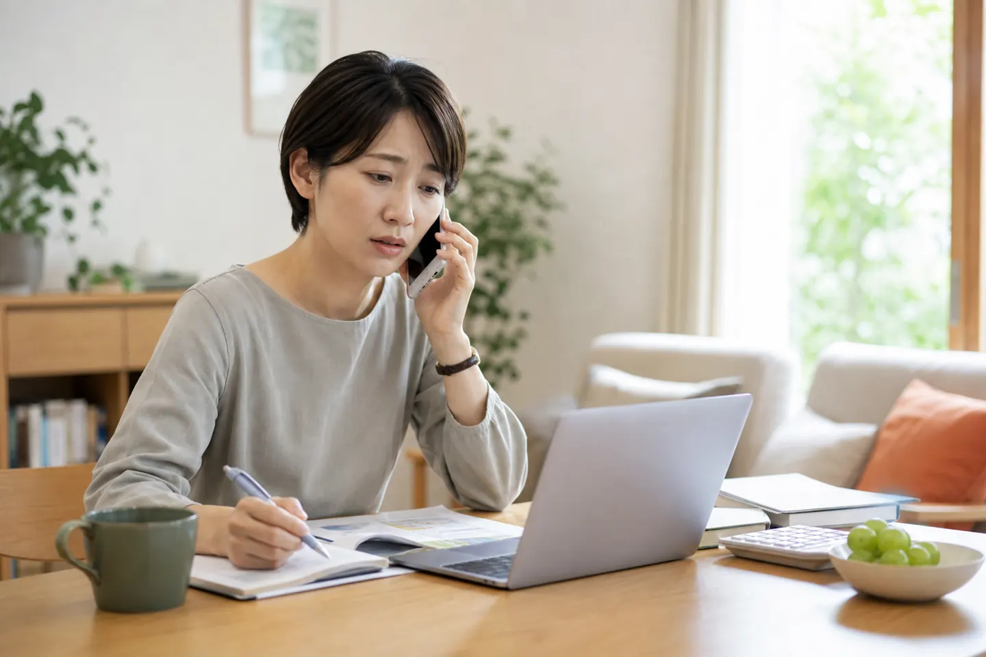 仕事の合間に親からの電話を受ける家族