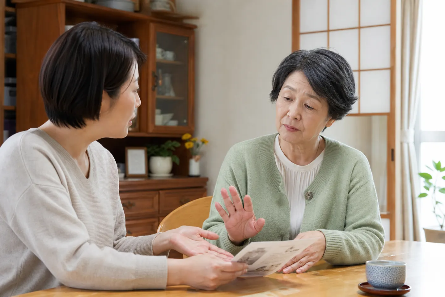 話し相手サービスの資料を断る高齢の親と家族