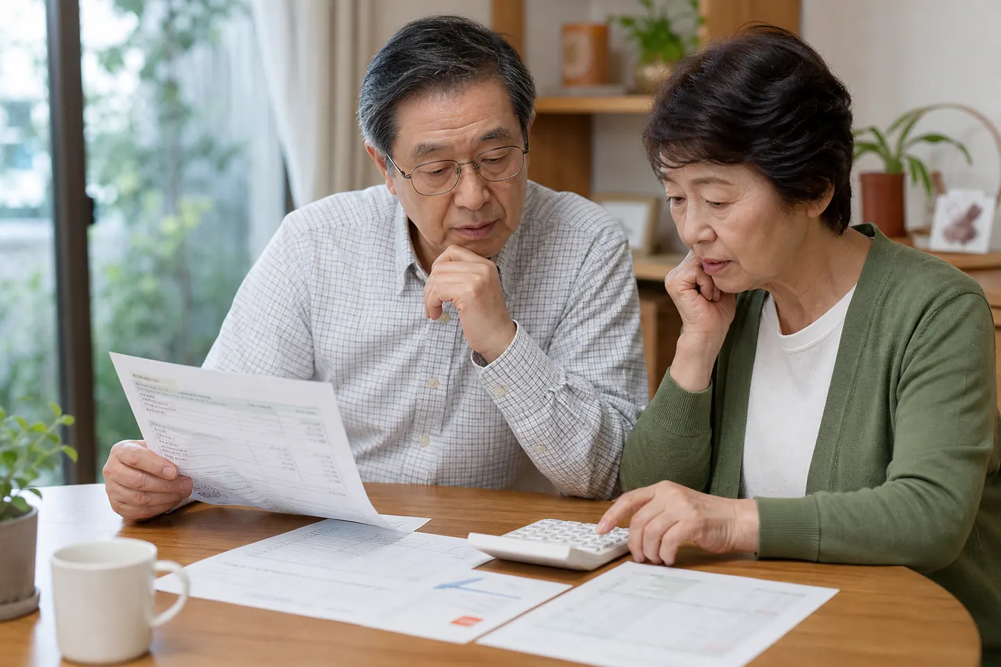 電話サービスの料金資料と電卓を置いた机