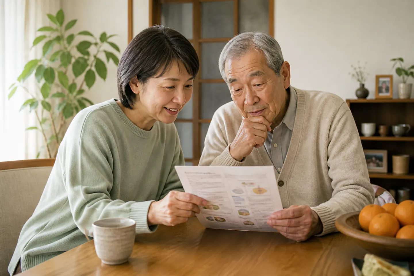 親とAI電話の資料を穏やかに見る家族