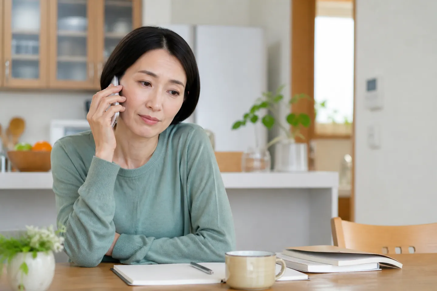 同じ話を聞きながら疲れを感じる家族の電話場面