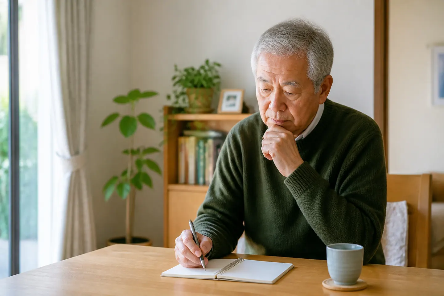 退職後に自宅で予定を考える高齢男性