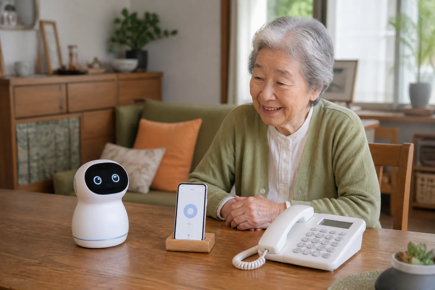 会話ロボット、スマートフォン、固定電話を並べた居間