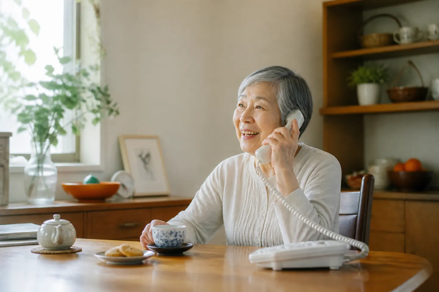 一人暮らしの自宅で電話を楽しむ70代女性