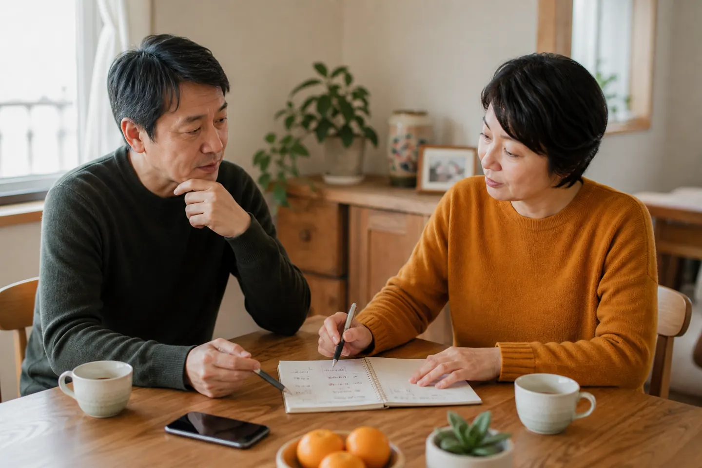 兄弟で親への電話予定を相談する様子