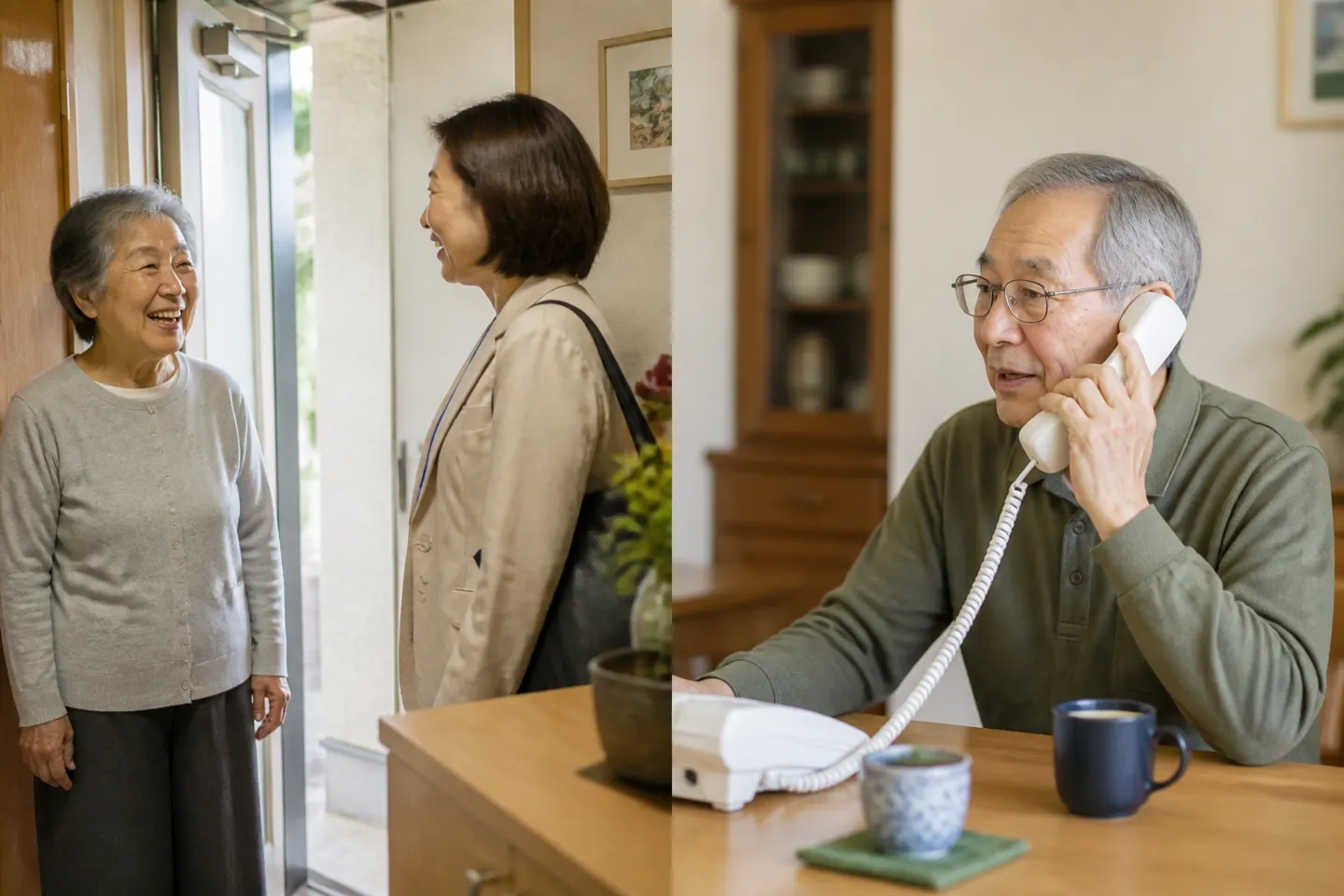 訪問者と話す高齢者と固定電話の場面を対比した写真